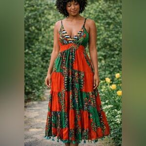 Beatnik Philosophy Boho Hippie Tiered Beaded Cotton Maxi Dress Red - Size Medium